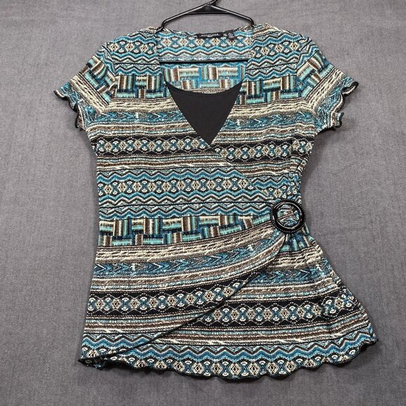 Notations Petite Wrap-Style Top Blouse Buckle Geometric Print Womens Size PL - Picture 1 of 9